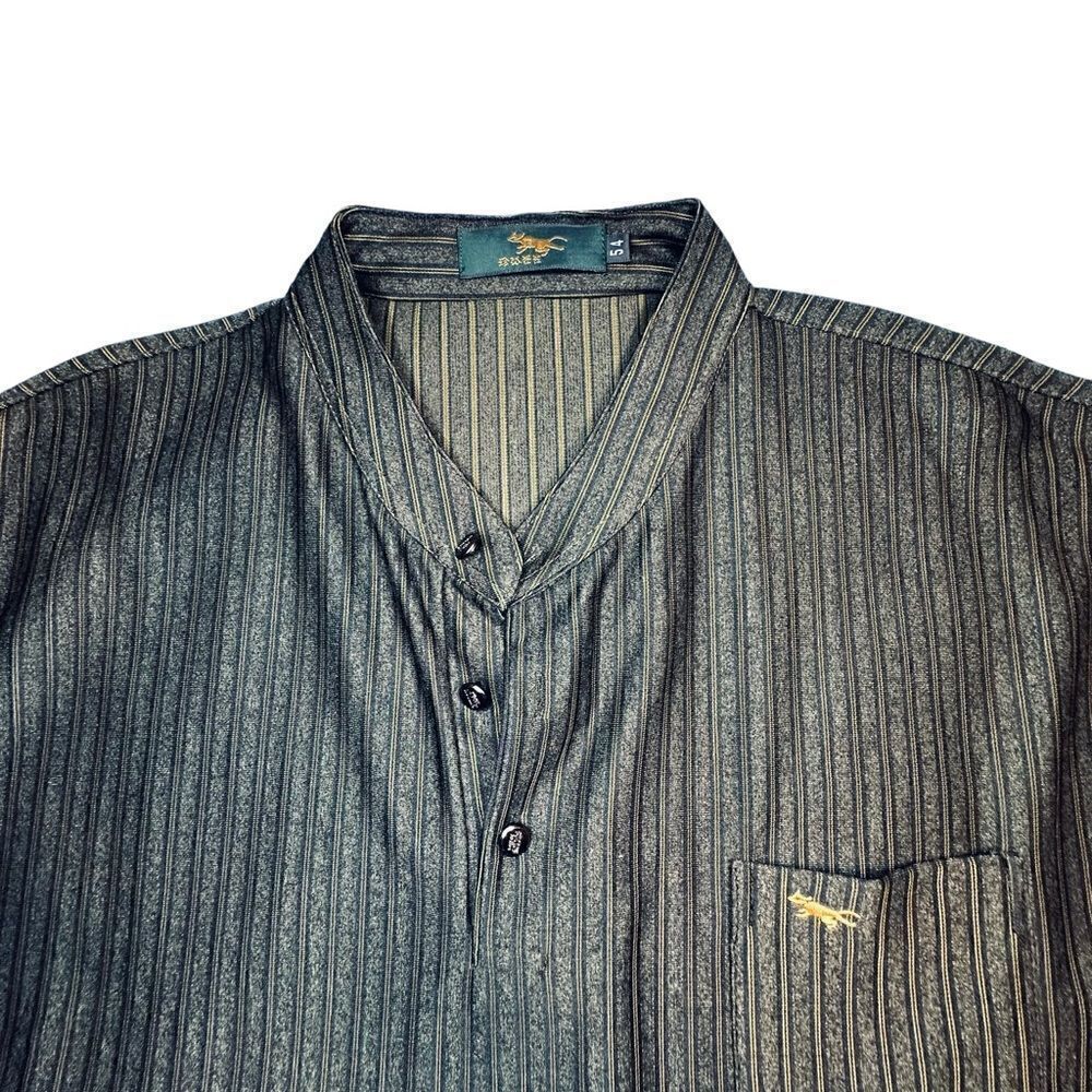Grey striped 1/4 buttton grandad collar cotton/silk knit shirt size Large